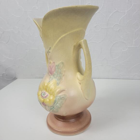 VTG Hull Pottery Magnolia Flower Vase Footed Matte‎ Yellow 2 Handle Art Nouveau - Picture 2 of 16
